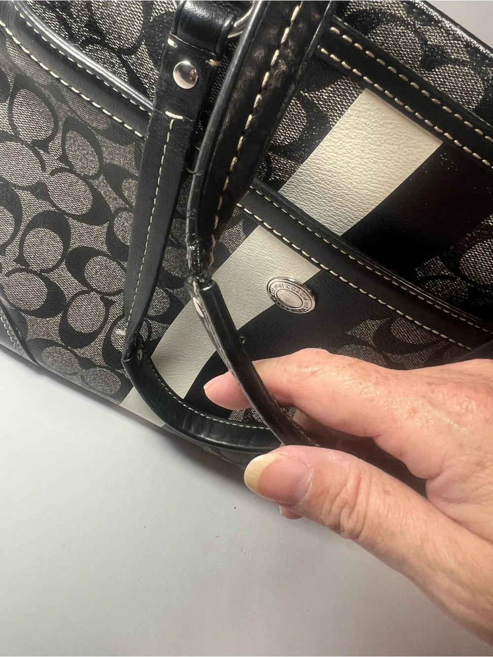 Coach Black & White Signature Stripe Tote - Picture 15 of 17